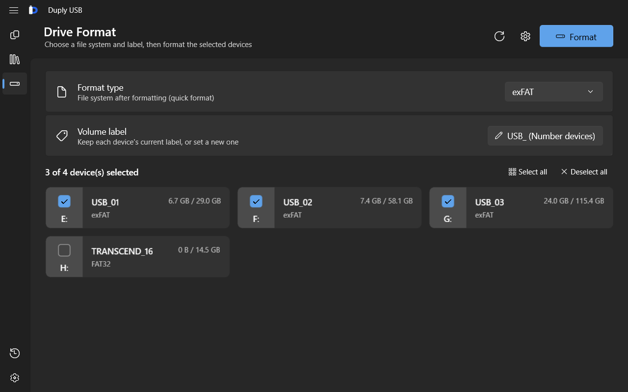 Duply USB batch format screen: file system and volume label options for multiple drives