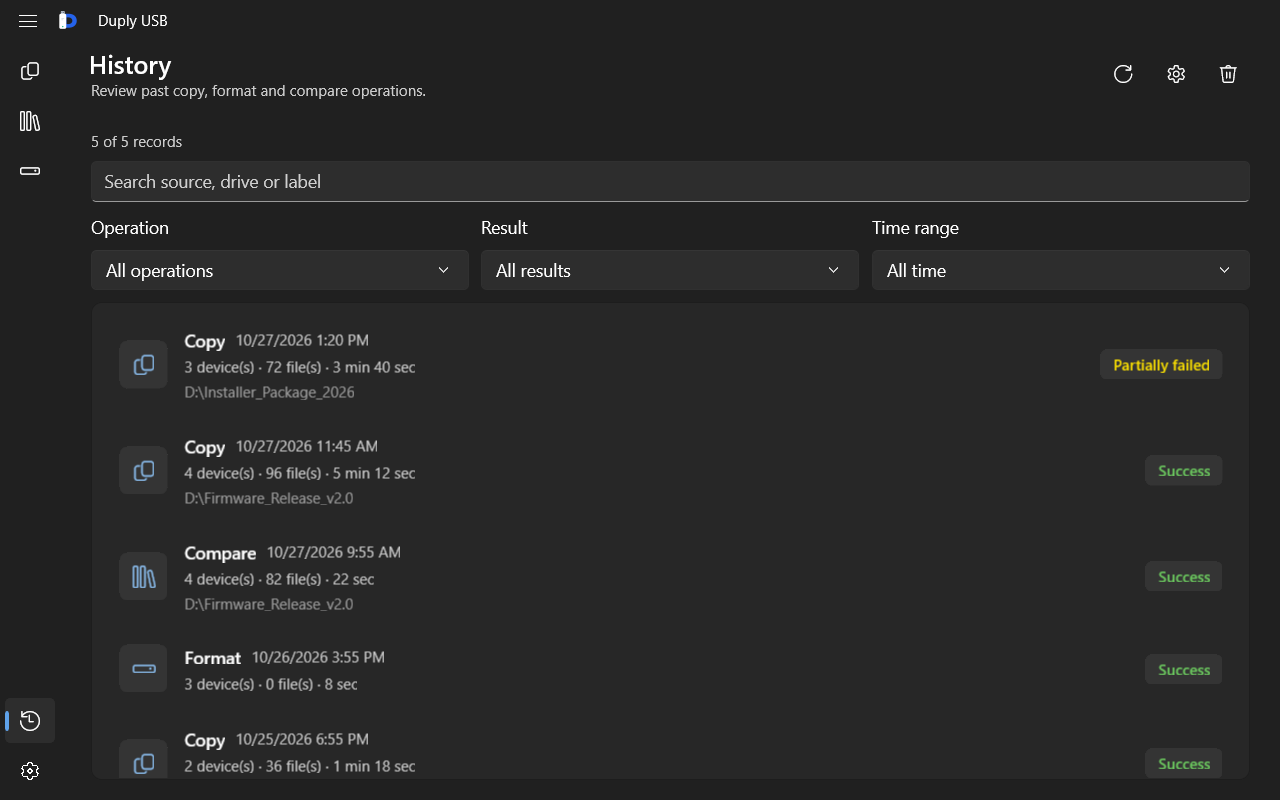 Duply USB history screen: filterable list of copy, compare and format jobs