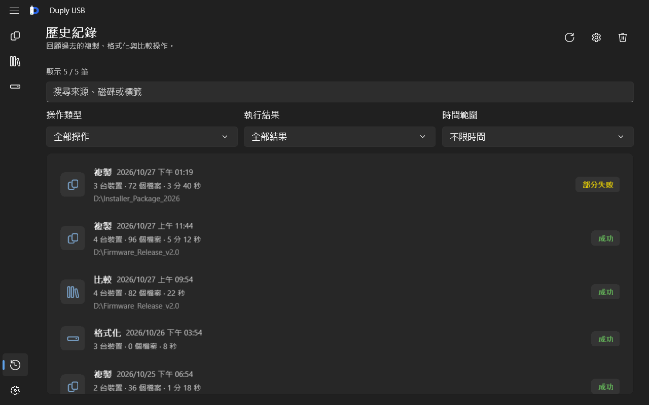 Duply USB 歷史紀錄畫面：可篩選的複製、比對與格式化作業清單